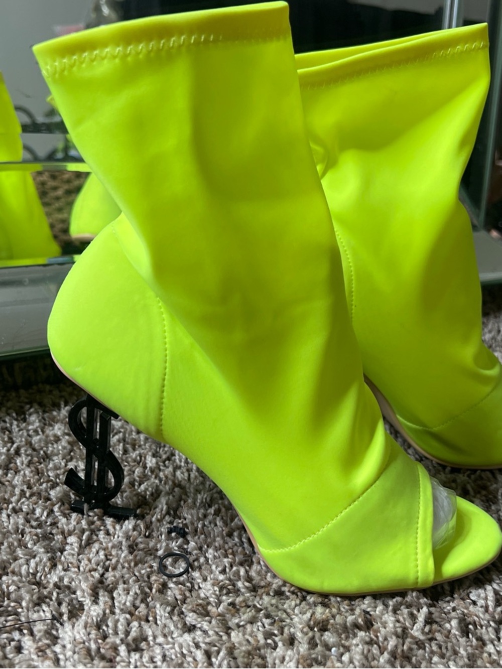 🆕 BOUTIQUE Neon Yellow Peep-Toe Sock Booties with Money Heel 💰